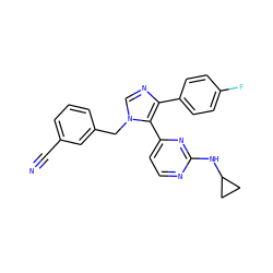 N#Cc1cccc(Cn2cnc(-c3ccc(F)cc3)c2-c2ccnc(NC3CC3)n2)c1 ZINC000040936443