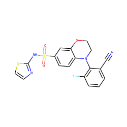 N#Cc1cccc(F)c1N1CCOc2cc(S(=O)(=O)Nc3nccs3)ccc21 ZINC000220312447