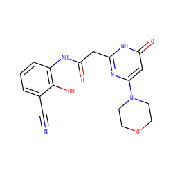 N#Cc1cccc(NC(=O)Cc2nc(N3CCOCC3)cc(=O)[nH]2)c1O ZINC000115071936
