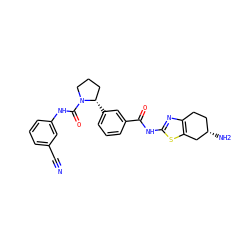 N#Cc1cccc(NC(=O)N2CCC[C@@H]2c2cccc(C(=O)Nc3nc4c(s3)C[C@@H](N)CC4)c2)c1 ZINC000113580886