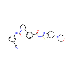 N#Cc1cccc(NC(=O)N2CCC[C@@H]2c2cccc(C(=O)Nc3nc4c(s3)C[C@@H](N3CCOCC3)CC4)c2)c1 ZINC000220434484