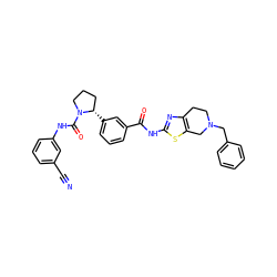 N#Cc1cccc(NC(=O)N2CCC[C@@H]2c2cccc(C(=O)Nc3nc4c(s3)CN(Cc3ccccc3)CC4)c2)c1 ZINC000141656287