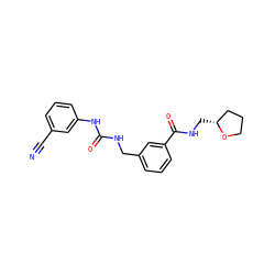 N#Cc1cccc(NC(=O)NCc2cccc(C(=O)NC[C@@H]3CCCO3)c2)c1 ZINC000045393302