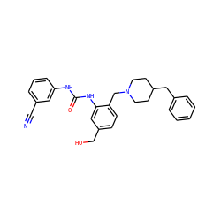 N#Cc1cccc(NC(=O)Nc2cc(CO)ccc2CN2CCC(Cc3ccccc3)CC2)c1 ZINC000013475823