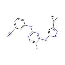N#Cc1cccc(Nc2ncc(Br)c(Nc3cc(C4CC4)n[nH]3)n2)c1 ZINC000139685165