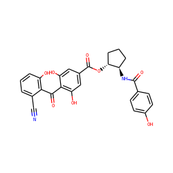 N#Cc1cccc(O)c1C(=O)c1c(O)cc(C(=O)O[C@@H]2CCC[C@H]2NC(=O)c2ccc(O)cc2)cc1O ZINC000013474186