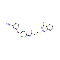 N#Cc1cccc(O[C@H]2CC[C@H](NC(=O)CCSc3nc4ccccc4c(=O)[nH]3)CC2)c1 ZINC000299847932