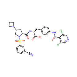 N#Cc1cccc(S(=O)(=O)N2C[C@H](N3CCC3)C[C@H]2C(=O)N[C@@H](Cc2ccc(NC(=O)c3c(Cl)cncc3Cl)cc2)C(=O)O)c1 ZINC000049679767