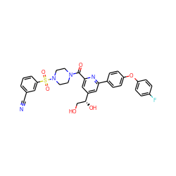 N#Cc1cccc(S(=O)(=O)N2CCN(C(=O)c3cc([C@H](O)CO)cc(-c4ccc(Oc5ccc(F)cc5)cc4)n3)CC2)c1 ZINC000113678198