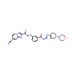 N#Cc1ccn2cc(C(=O)NCc3cccc(C(=O)Nc4nc5c(s4)C[C@@H](N4CCOCC4)CC5)c3)nc2c1 ZINC000167967105