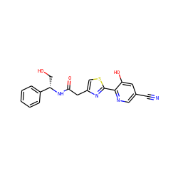 N#Cc1cnc(-c2nc(CC(=O)N[C@@H](CO)c3ccccc3)cs2)c(O)c1 ZINC000147624688