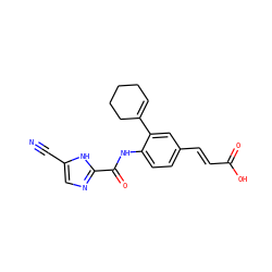 N#Cc1cnc(C(=O)Nc2ccc(/C=C/C(=O)O)cc2C2=CCCCC2)[nH]1 ZINC000146940178