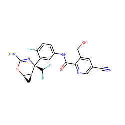 N#Cc1cnc(C(=O)Nc2ccc(F)c([C@@]3(C(F)F)N=C(N)O[C@@H]4C[C@@H]43)c2)c(CO)c1 ZINC000226051427