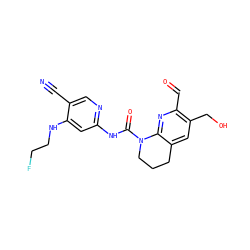 N#Cc1cnc(NC(=O)N2CCCc3cc(CO)c(C=O)nc32)cc1NCCF ZINC001772645430