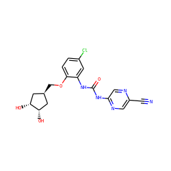 N#Cc1cnc(NC(=O)Nc2cc(Cl)ccc2OC[C@H]2C[C@H](O)[C@H](O)C2)cn1 ZINC000253917886