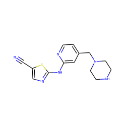N#Cc1cnc(Nc2cc(CN3CCNCC3)ccn2)s1 ZINC000022449091