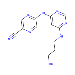 N#Cc1cnc(Nc2cc(NCCCN)ncn2)cn1 ZINC000082153554