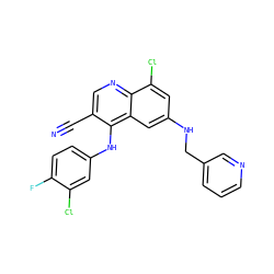 N#Cc1cnc2c(Cl)cc(NCc3cccnc3)cc2c1Nc1ccc(F)c(Cl)c1 ZINC000014977402