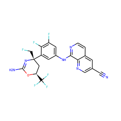N#Cc1cnc2c(Nc3cc(F)c(F)c([C@]4(CF)C[C@@H](C(F)(F)F)OC(N)=N4)c3)nccc2c1 ZINC000223537693