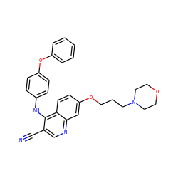 N#Cc1cnc2cc(OCCCN3CCOCC3)ccc2c1Nc1ccc(Oc2ccccc2)cc1 ZINC000026716443