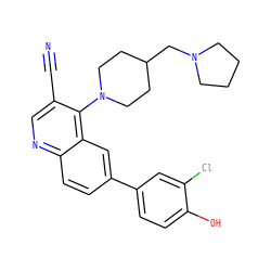 N#Cc1cnc2ccc(-c3ccc(O)c(Cl)c3)cc2c1N1CCC(CN2CCCC2)CC1 ZINC000114036839