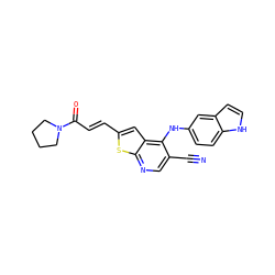 N#Cc1cnc2sc(/C=C/C(=O)N3CCCC3)cc2c1Nc1ccc2[nH]ccc2c1 ZINC000040404409