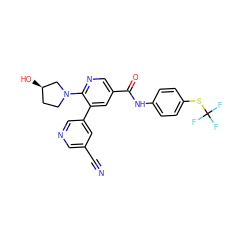 N#Cc1cncc(-c2cc(C(=O)Nc3ccc(SC(F)(F)F)cc3)cnc2N2CC[C@@H](O)C2)c1 ZINC001772619779