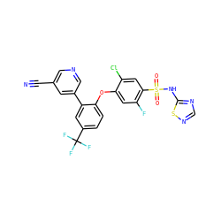 N#Cc1cncc(-c2cc(C(F)(F)F)ccc2Oc2cc(F)c(S(=O)(=O)Nc3ncns3)cc2Cl)c1 ZINC000095583116