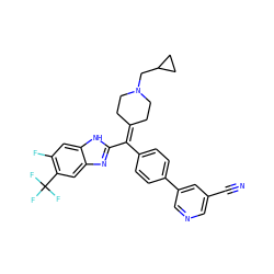 N#Cc1cncc(-c2ccc(C(=C3CCN(CC4CC4)CC3)c3nc4cc(C(F)(F)F)c(F)cc4[nH]3)cc2)c1 ZINC000038157857