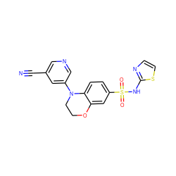 N#Cc1cncc(N2CCOc3cc(S(=O)(=O)Nc4nccs4)ccc32)c1 ZINC000220248286