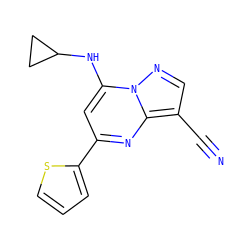 N#Cc1cnn2c(NC3CC3)cc(-c3cccs3)nc12 ZINC000084710291