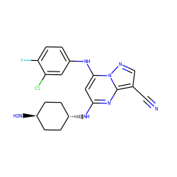 N#Cc1cnn2c(Nc3ccc(F)c(Cl)c3)cc(N[C@H]3CC[C@H](N)CC3)nc12 ZINC000254093156