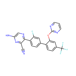 N#Cc1nc(N)cnc1-c1ccc(-c2ccc(C(F)(F)F)cc2Oc2ncccn2)cc1F ZINC000224754246