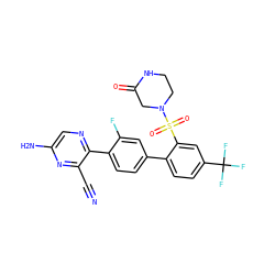 N#Cc1nc(N)cnc1-c1ccc(-c2ccc(C(F)(F)F)cc2S(=O)(=O)N2CCNC(=O)C2)cc1F ZINC000224858128