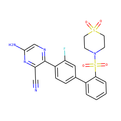 N#Cc1nc(N)cnc1-c1ccc(-c2ccccc2S(=O)(=O)N2CCS(=O)(=O)CC2)cc1F ZINC000224765886