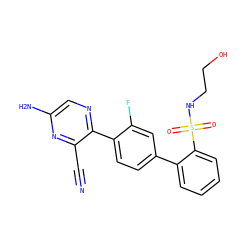 N#Cc1nc(N)cnc1-c1ccc(-c2ccccc2S(=O)(=O)NCCO)cc1F ZINC000224833353