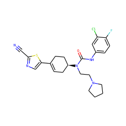 N#Cc1ncc(C2=CC[C@H](N(CCN3CCCC3)C(=O)Nc3ccc(F)c(Cl)c3)CC2)s1 ZINC000028650287