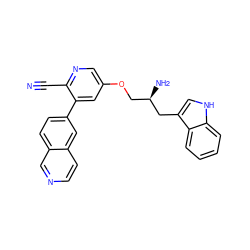 N#Cc1ncc(OC[C@@H](N)Cc2c[nH]c3ccccc23)cc1-c1ccc2cnccc2c1 ZINC000014962519