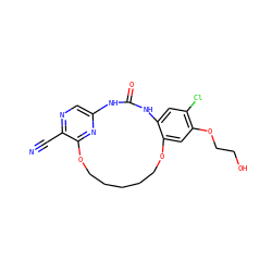 N#Cc1ncc2nc1OCCCCCOc1cc(OCCO)c(Cl)cc1NC(=O)N2 ZINC000014958195