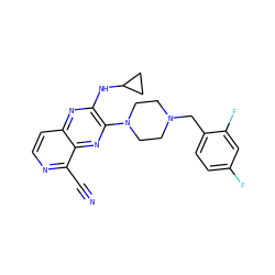 N#Cc1nccc2nc(NC3CC3)c(N3CCN(Cc4ccc(F)cc4F)CC3)nc12 ZINC000144114928