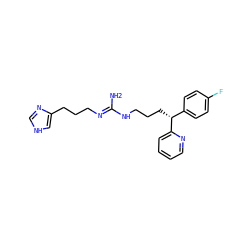 N/C(=N\CCCc1c[nH]cn1)NCCC[C@H](c1ccc(F)cc1)c1ccccn1 ZINC000013816249