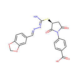 N/C(=N\N=C\c1ccc2c(c1)OCO2)S[C@H]1CC(=O)N(c2ccc(C(=O)O)cc2)C1=O ZINC000003014659