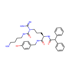 N=C(N)N(CCC[C@@H](NC(=O)C(c1ccccc1)c1ccccc1)C(=O)NCc1ccc(O)cc1)C(=O)NCCCCN ZINC000071297058