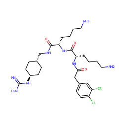 N=C(N)N[C@H]1CC[C@H](CNC(=O)[C@H](CCCCN)NC(=O)[C@H](CCCCN)NC(=O)Cc2ccc(Cl)c(Cl)c2)CC1 ZINC000299836981