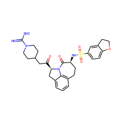 N=C(N)N1CCC(CC(=O)[C@@H]2Cc3cccc4c3N2C(=O)[C@@H](NS(=O)(=O)c2ccc3c(c2)CCO3)CC4)CC1 ZINC000027854679