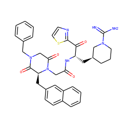 N=C(N)N1CCC[C@@H](C[C@H](NC(=O)CN2C(=O)CN(Cc3ccccc3)C(=O)[C@@H]2Cc2ccc3ccccc3c2)C(=O)c2nccs2)C1 ZINC000026496795