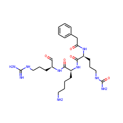 N=C(N)NCCC[C@@H](C=O)NC(=O)[C@H](CCCCN)NC(=O)[C@H](CCCNC(N)=O)NC(=O)Cc1ccccc1 ZINC000042851120