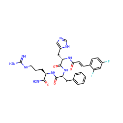 N=C(N)NCCC[C@@H](NC(=O)[C@@H](Cc1ccccc1)NC(=O)[C@H](Cc1cnc[nH]1)NC(=O)/C=C/c1ccc(F)cc1F)C(N)=O ZINC000049679237