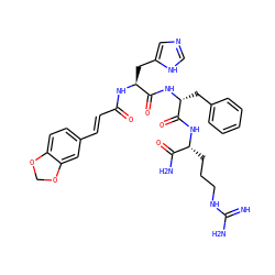 N=C(N)NCCC[C@@H](NC(=O)[C@@H](Cc1ccccc1)NC(=O)[C@H](Cc1cnc[nH]1)NC(=O)/C=C/c1ccc2c(c1)OCO2)C(N)=O ZINC000049678716