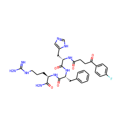 N=C(N)NCCC[C@@H](NC(=O)[C@@H](Cc1ccccc1)NC(=O)[C@H](Cc1cnc[nH]1)NC(=O)CCC(=O)c1ccc(F)cc1)C(N)=O ZINC000049680306